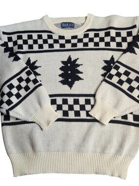 Vintage Bay Club Sweater Mens Large White Black Geometric Checkerboard Knit 90s